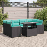 7 Piece Garden Sofa Set with Cushions Black Poly Rattan Acacia