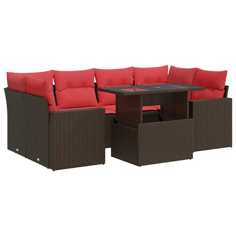 7 Piece Garden Sofa Set with Cushions Brown Poly Rattan Acacia