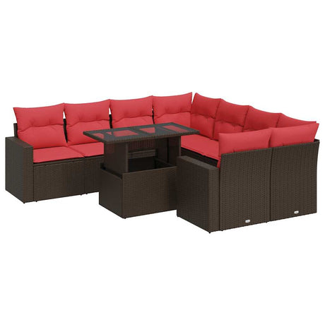 9 Piece Garden Sofa Set with Cushions Brown Poly Rattan Acacia