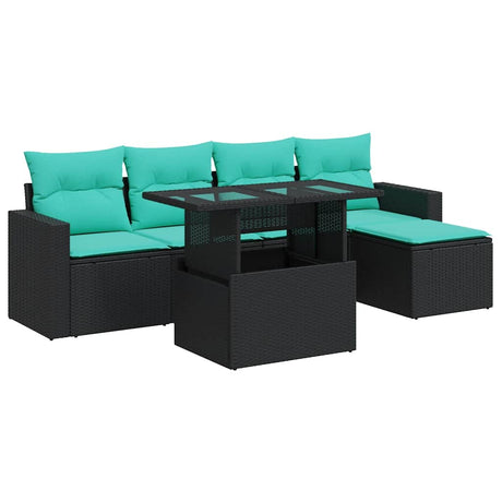 6 Piece Garden Sofa Set with Cushions Black Poly Rattan Acacia