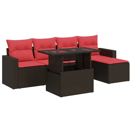 6 Piece Garden Sofa Set with Cushions Brown Poly Rattan Acacia