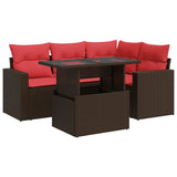 5 Piece Garden Sofa Set with Cushions Brown Poly Rattan Acacia