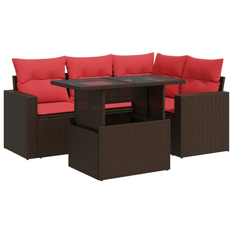 5 Piece Garden Sofa Set with Cushions Brown Poly Rattan Acacia