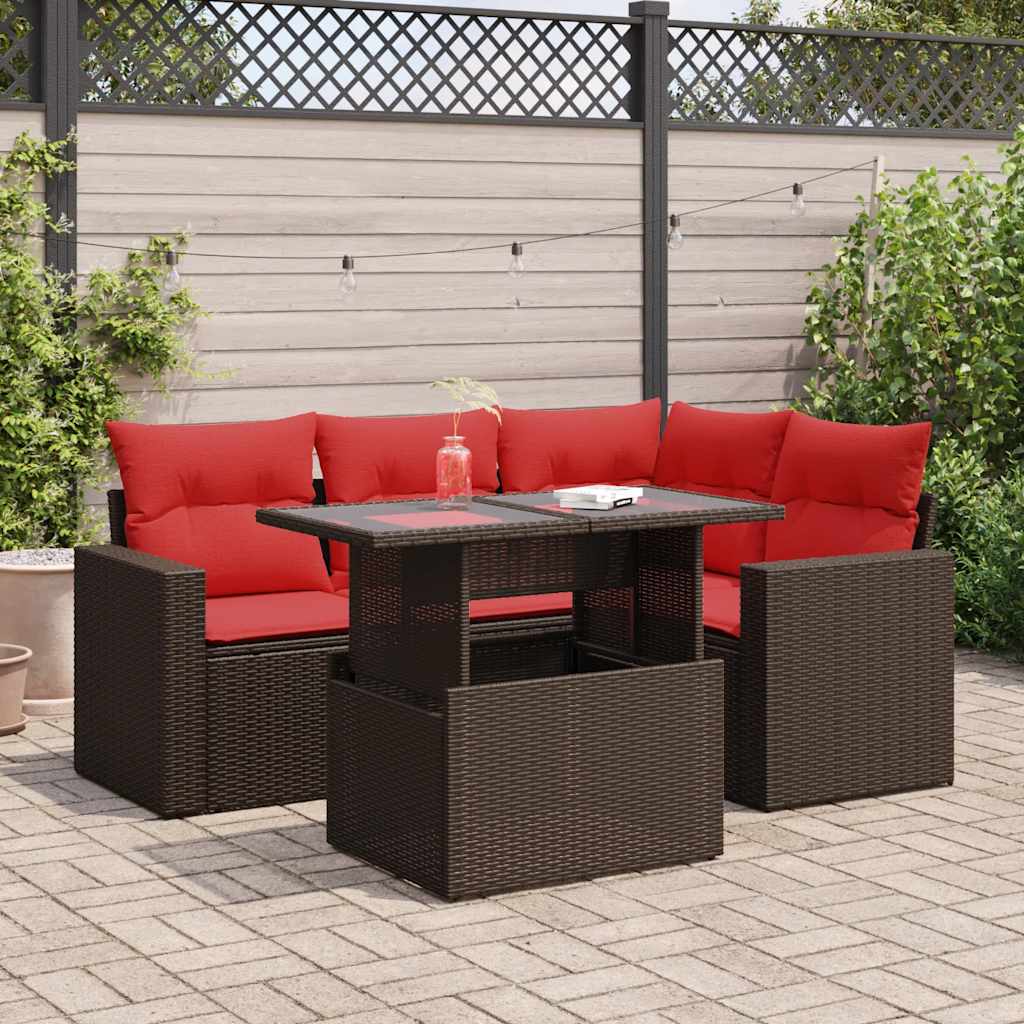 5 Piece Garden Sofa Set with Cushions Brown Poly Rattan Acacia