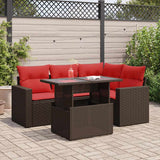 5 Piece Garden Sofa Set with Cushions Brown Poly Rattan Acacia