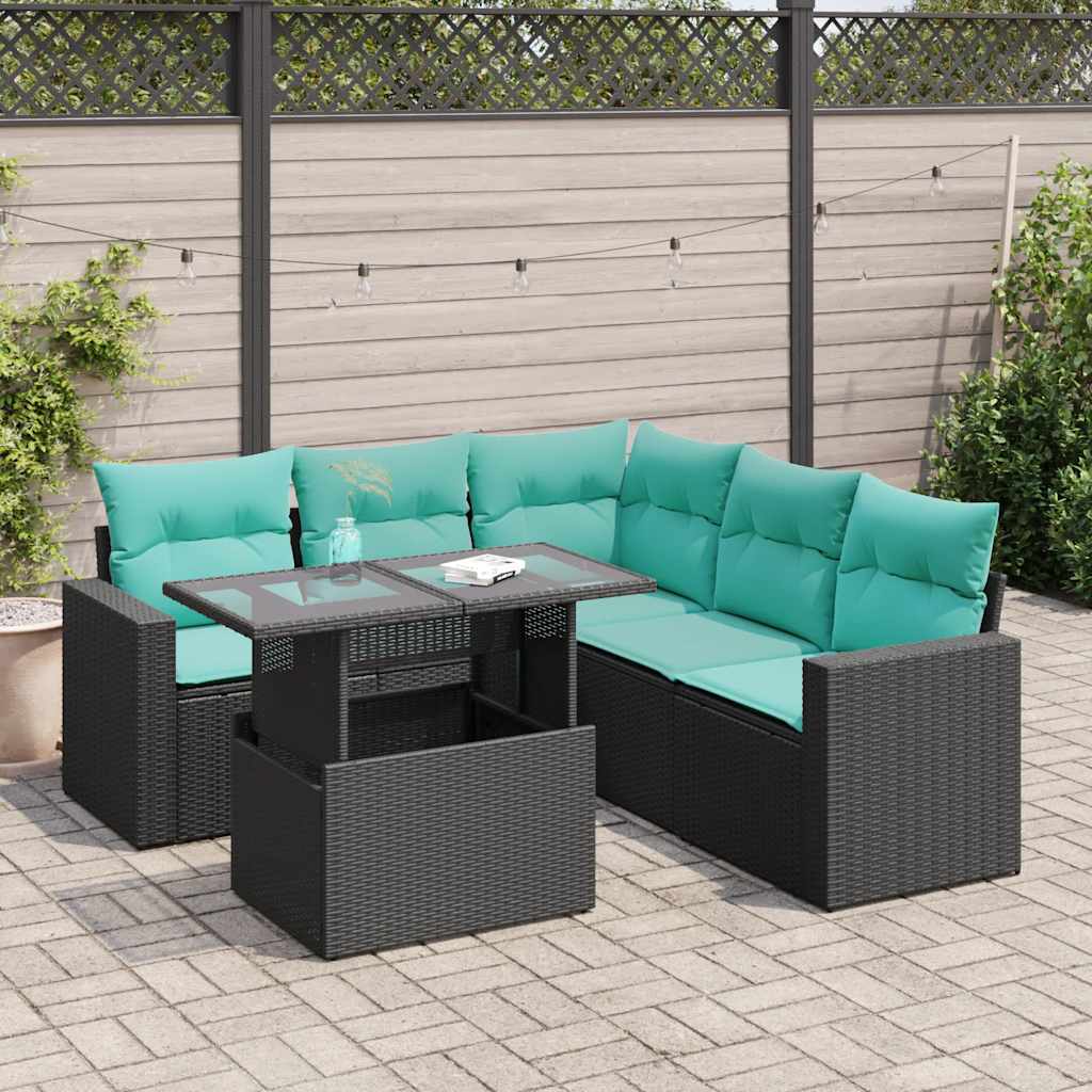6 Piece Garden Sofa Set with Cushions Black Poly Rattan Acacia