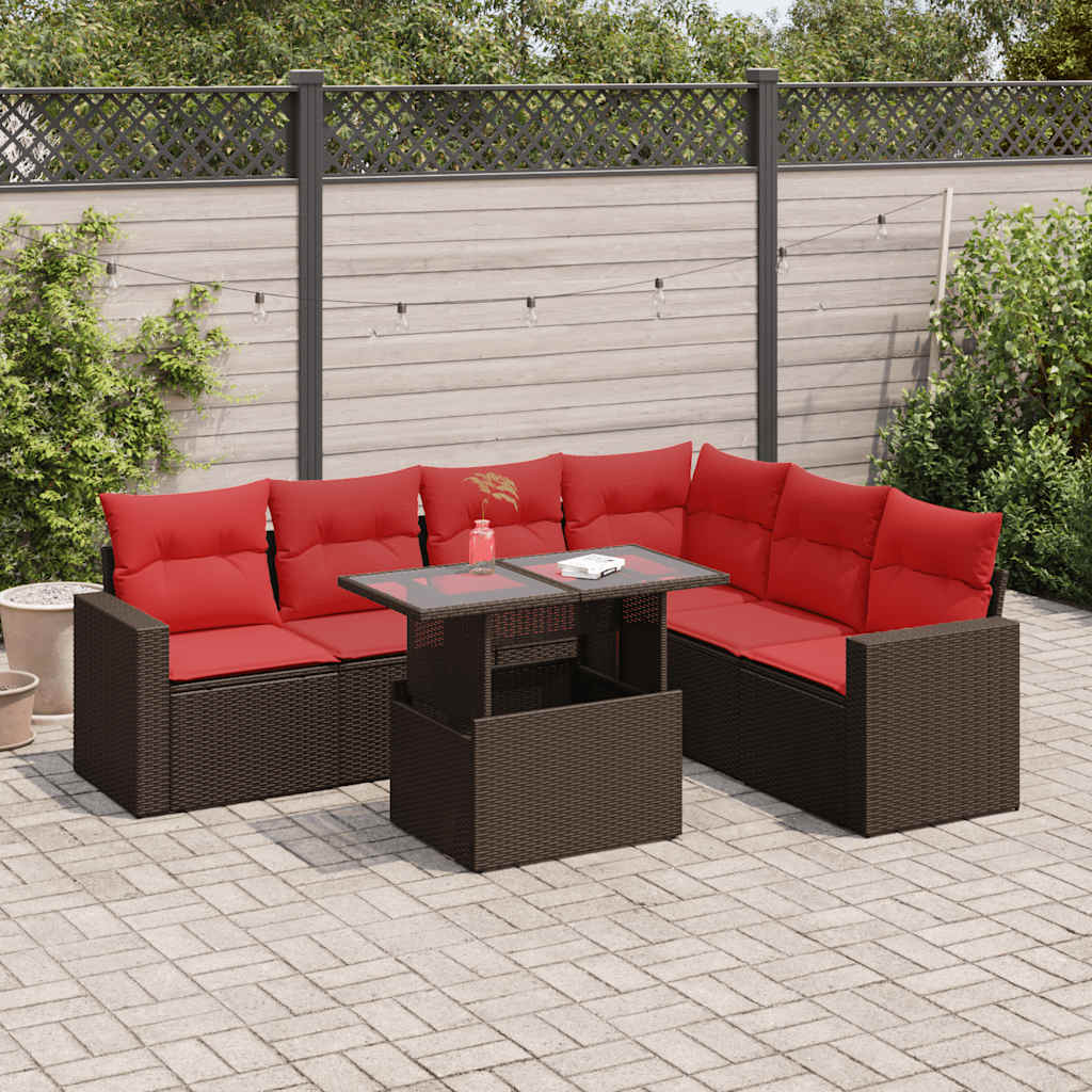 7 Piece Garden Sofa Set with Cushions Grey Poly Rattan Acacia
