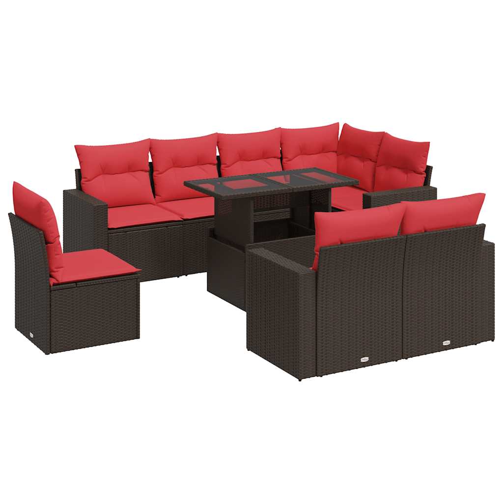 9 Piece Garden Sofa Set with Cushions Brown Poly Rattan Acacia