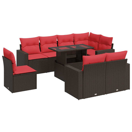 9 Piece Garden Sofa Set with Cushions Brown Poly Rattan Acacia