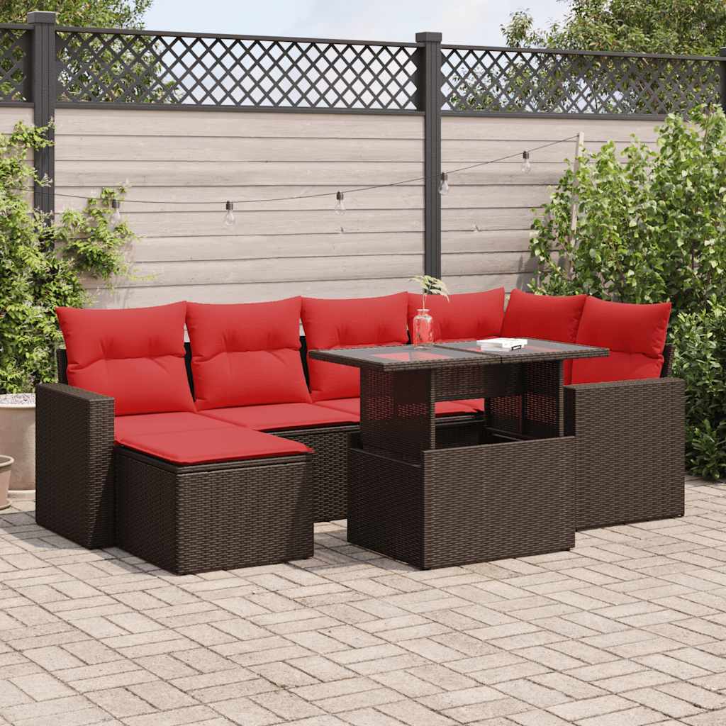 7 Piece Garden Sofa Set with Cushions Brown Poly Rattan Acacia