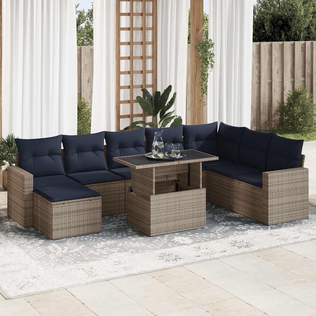 9 Piece Garden Sofa Set with Cushions Grey Poly Rattan Acacia