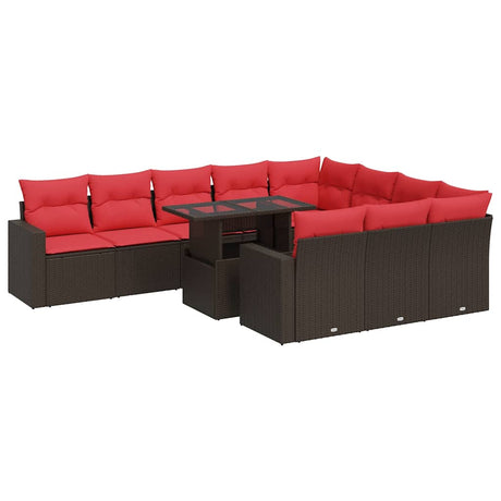 11 Piece Garden Sofa Set with Cushions Brown Poly Rattan Acacia