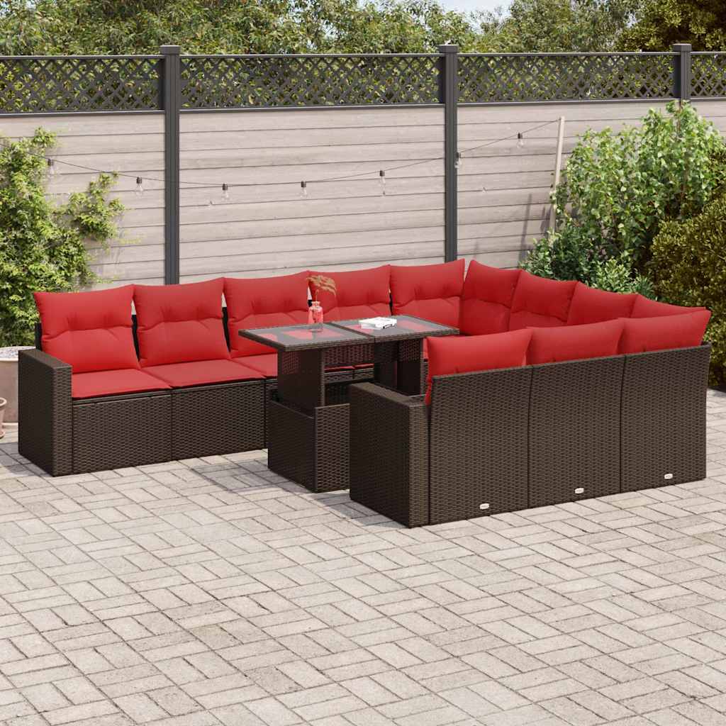 11 Piece Garden Sofa Set with Cushions Brown Poly Rattan Acacia