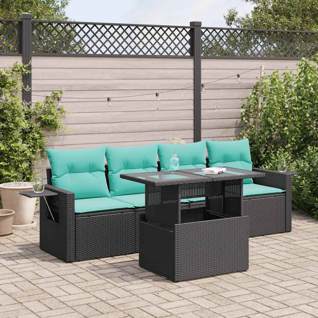 5 Piece Garden Sofa Set with Cushions Black Poly Rattan Acacia