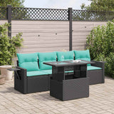 5 Piece Garden Sofa Set with Cushions Black Poly Rattan Acacia