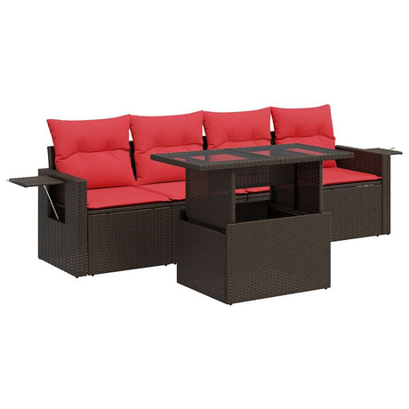 5 Piece Garden Sofa Set with Cushions Brown Poly Rattan Acacia