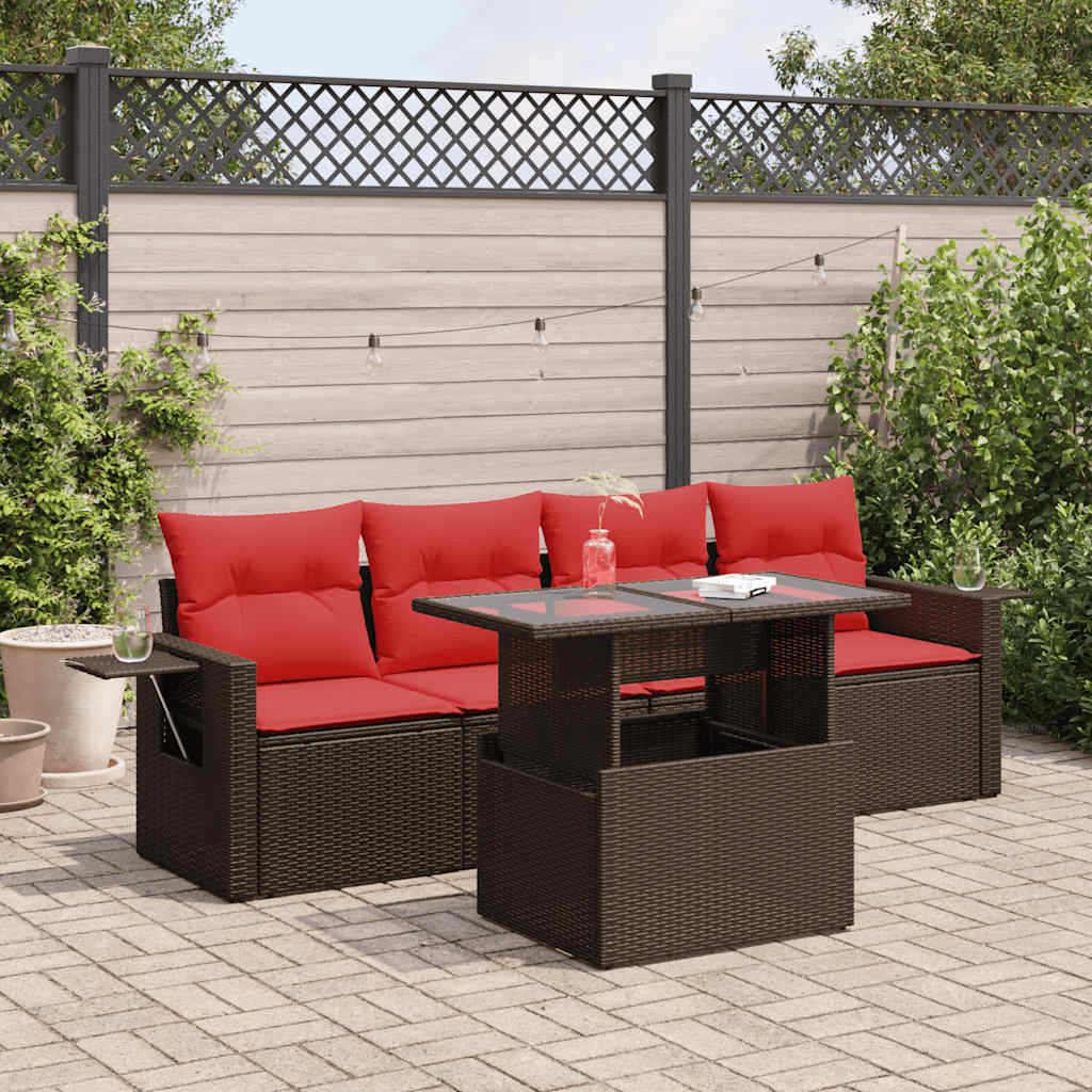 5 Piece Garden Sofa Set with Cushions Brown Poly Rattan Acacia