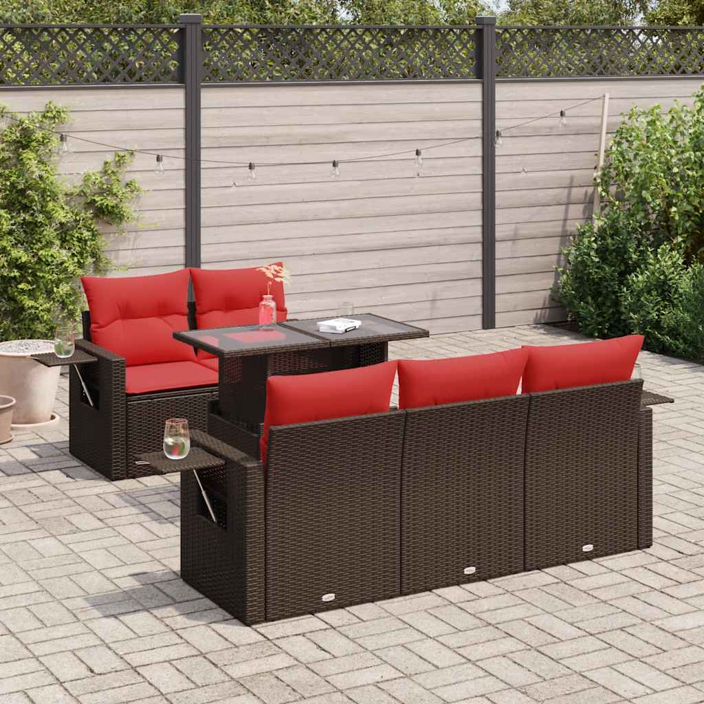 6 Piece Garden Sofa Set with Cushions Brown Poly Rattan Acacia