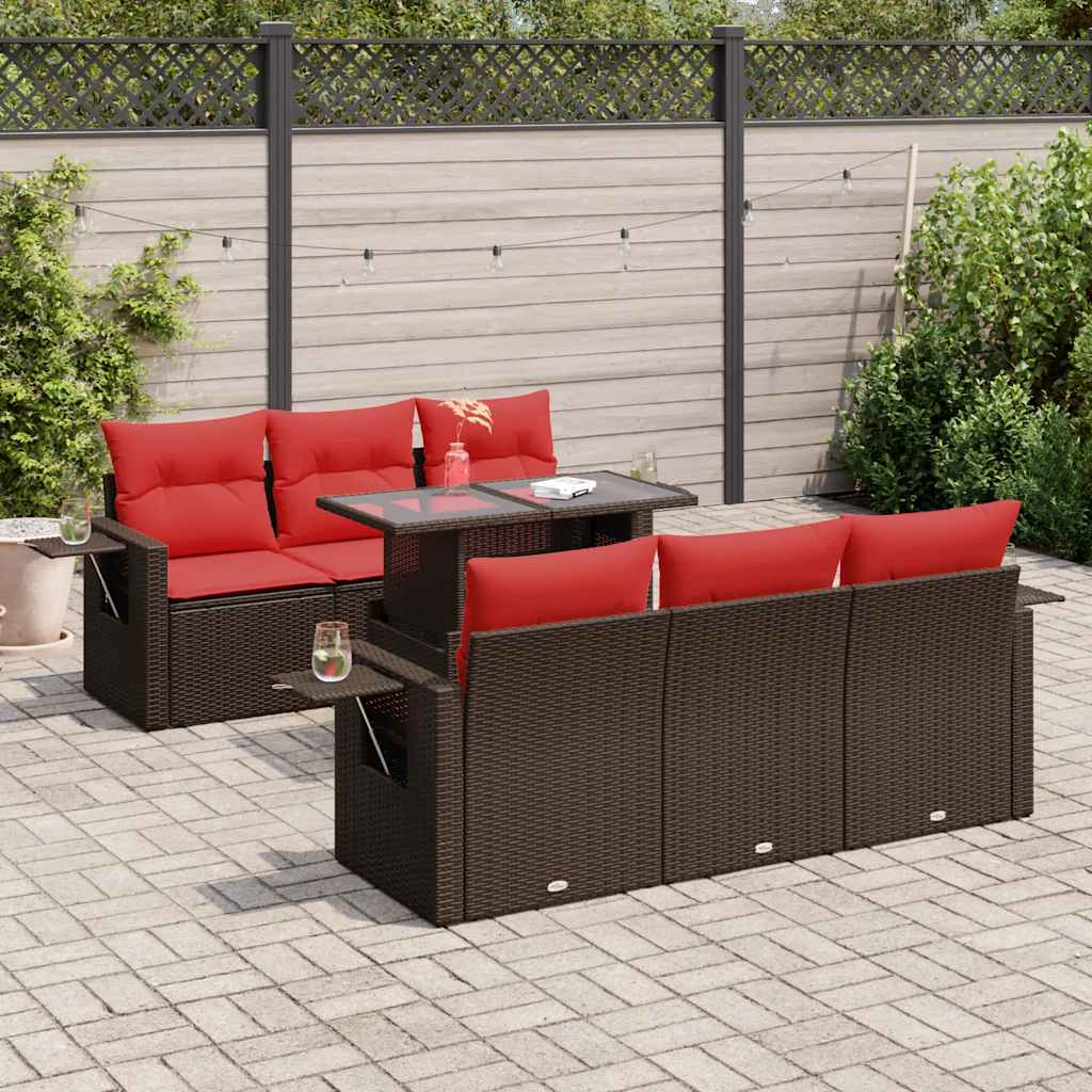 7 Piece Garden Sofa Set with Cushions Brown Poly Rattan Acacia