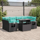 7 Piece Garden Sofa Set with Cushions Black Poly Rattan Acacia