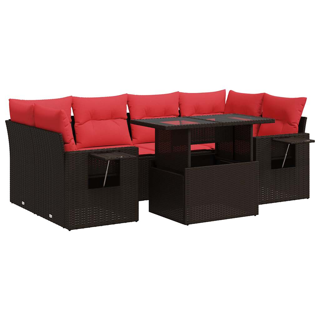 7 Piece Garden Sofa Set with Cushions Brown Poly Rattan Acacia