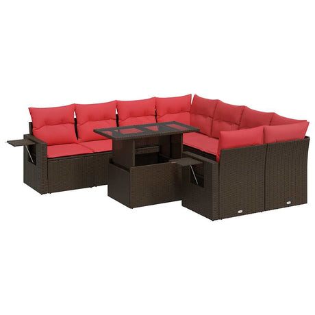 9 Piece Garden Sofa Set with Cushions Brown Poly Rattan Acacia
