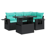 5 Piece Garden Sofa Set with Cushions Black Poly Rattan Acacia