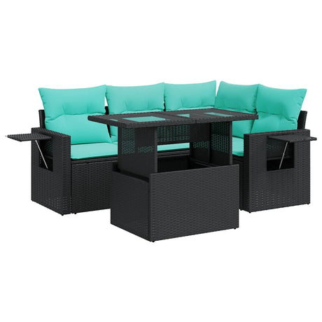 5 Piece Garden Sofa Set with Cushions Black Poly Rattan Acacia