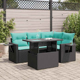 5 Piece Garden Sofa Set with Cushions Black Poly Rattan Acacia