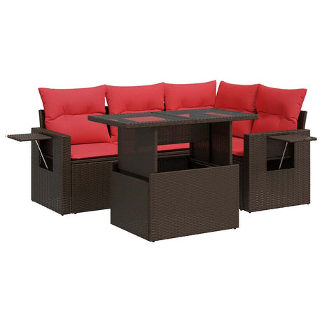 5 Piece Garden Sofa Set with Cushions Brown Poly Rattan Acacia