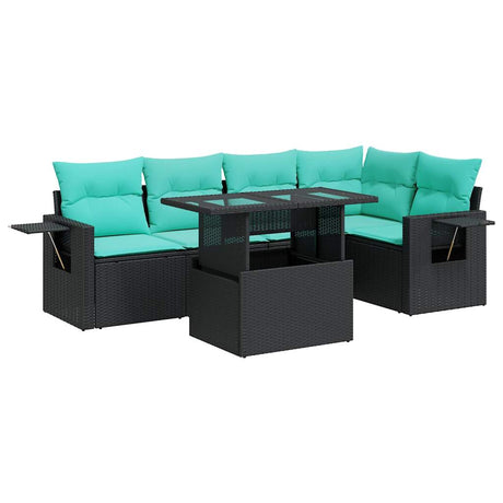 6 Piece Garden Sofa Set with Cushions Black Poly Rattan Acacia