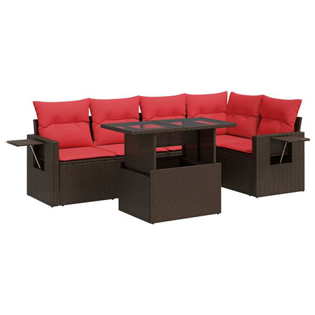 6 Piece Garden Sofa Set with Cushions Brown Poly Rattan Acacia