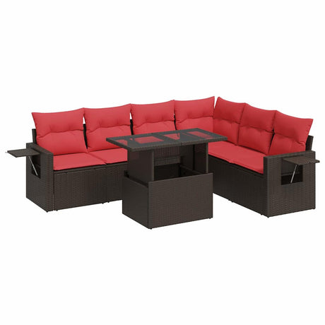 7 Piece Garden Sofa Set with Cushions Brown Poly Rattan Acacia
