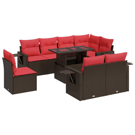 9 Piece Garden Sofa Set with Cushions Brown Poly Rattan Acacia
