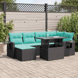 7 Piece Garden Sofa Set with Cushions Black Poly Rattan Acacia