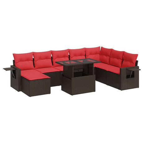 9 Piece Garden Sofa Set with Cushions Brown Poly Rattan Acacia