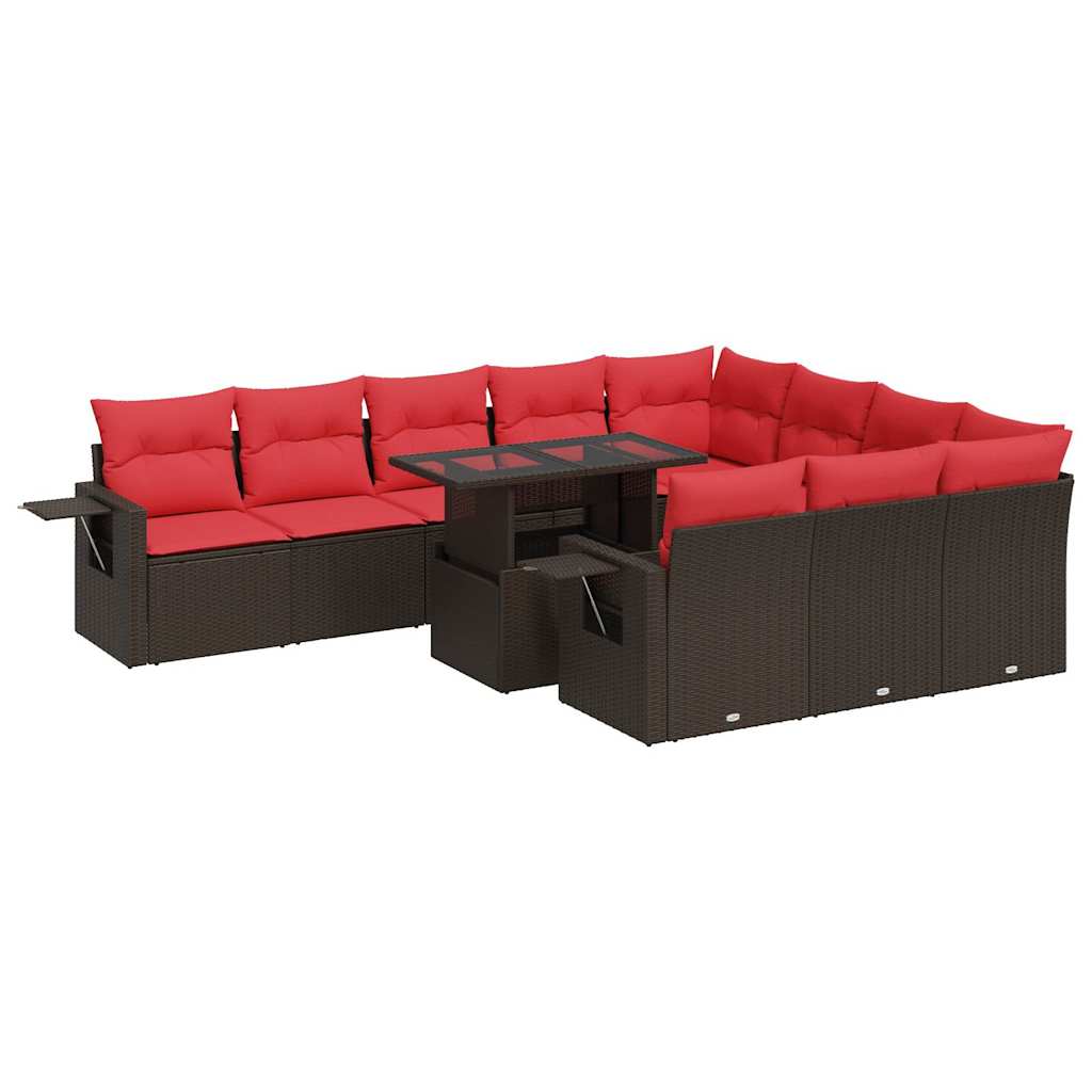 11 Piece Garden Sofa Set with Cushions Brown Poly Rattan Acacia