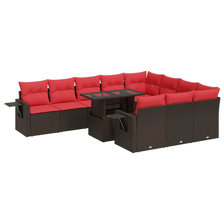 11 Piece Garden Sofa Set with Cushions Brown Poly Rattan Acacia