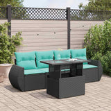 5 Piece Garden Sofa Set with Cushions Black Poly Rattan Acacia