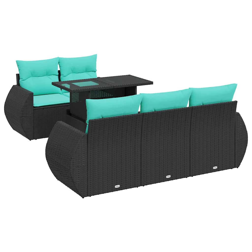 6 Piece Garden Sofa Set with Cushions Black Poly Rattan Acacia