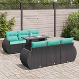 7 Piece Garden Sofa Set with Cushions Black Poly Rattan Acacia