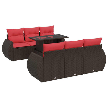7 Piece Garden Sofa Set with Cushions Brown Poly Rattan Acacia