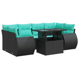 7 Piece Garden Sofa Set with Cushions Black Poly Rattan Acacia