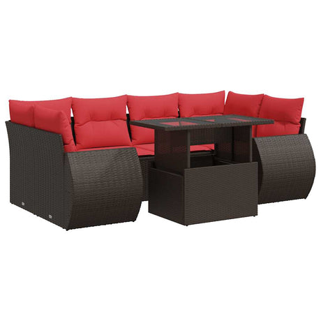 7 Piece Garden Sofa Set with Cushions Brown Poly Rattan Acacia