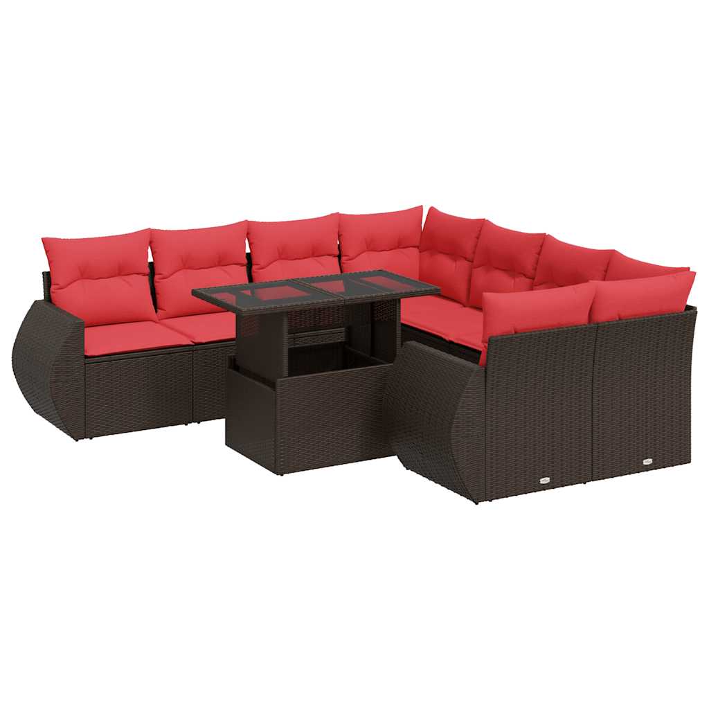 9 Piece Garden Sofa Set with Cushions Brown Poly Rattan Acacia