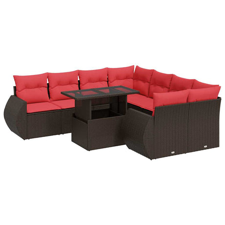 9 Piece Garden Sofa Set with Cushions Brown Poly Rattan Acacia