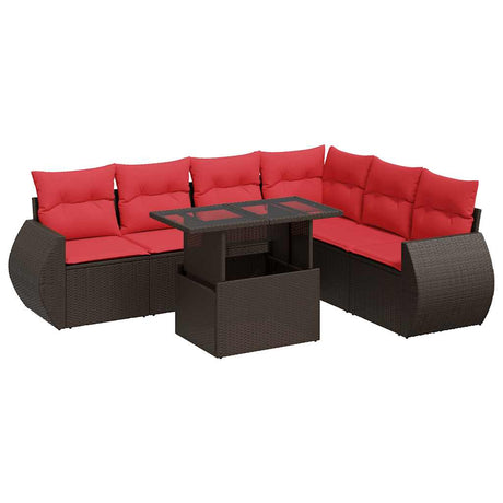 7 Piece Garden Sofa Set with Cushions Brown Poly Rattan Acacia