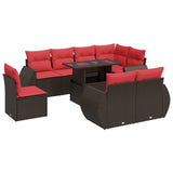 9 Piece Garden Sofa Set with Cushions Brown Poly Rattan Acacia