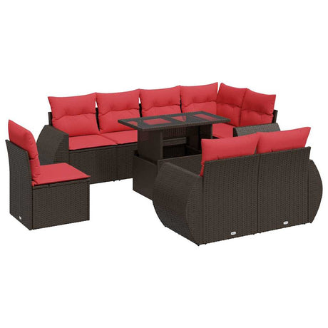 9 Piece Garden Sofa Set with Cushions Brown Poly Rattan Acacia