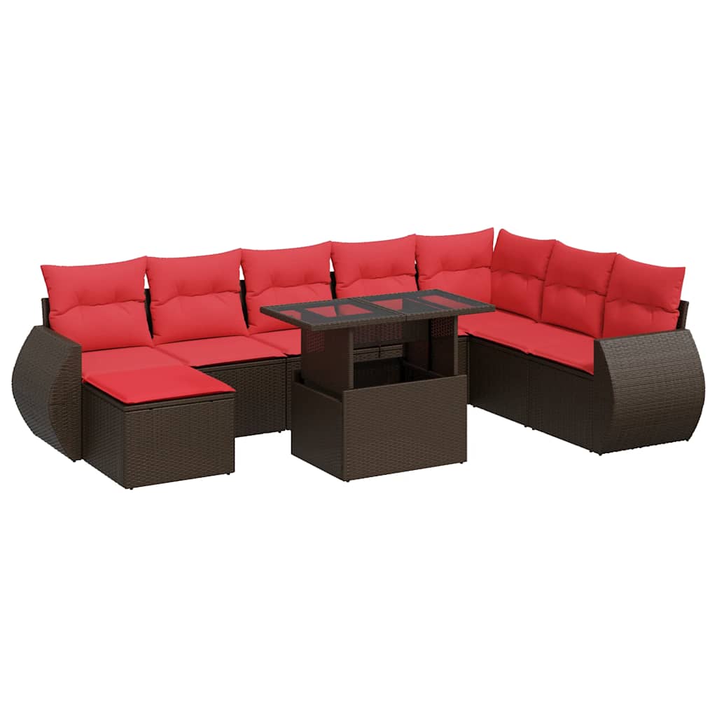 9 Piece Garden Sofa Set with Cushions Brown Poly Rattan Acacia